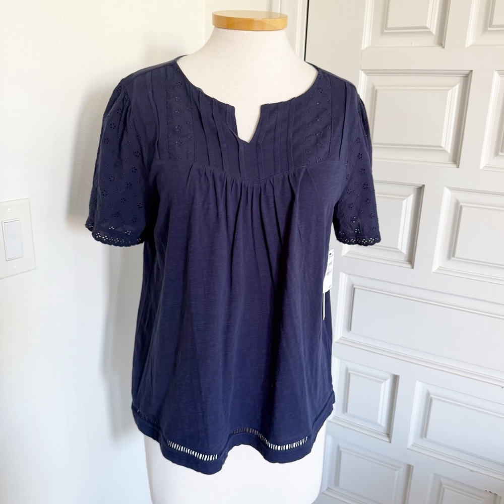 NWT Caslon Navy Blue Top Cotton Blouse Eyelet Short Sleeve Size Large